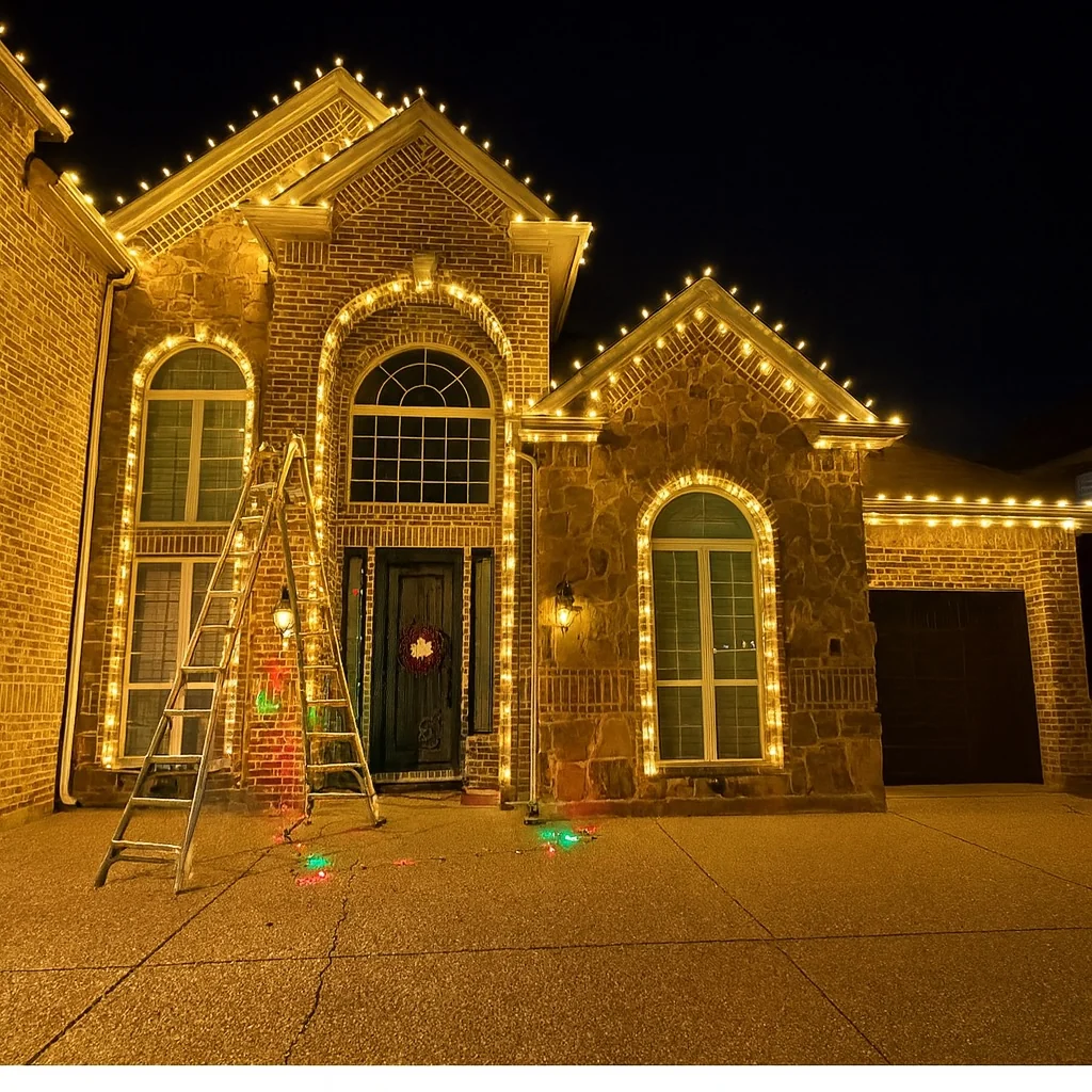 Close view of a brick and stone home with warm white Christmas lights outlining peaks, arches and windows